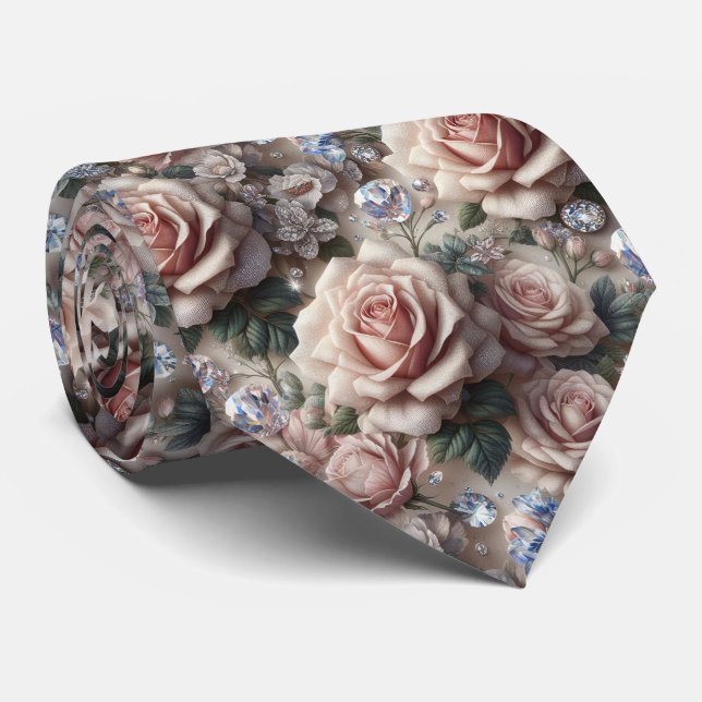 Col cravate de mariage de luxe | Roses roses et di (Roulé)