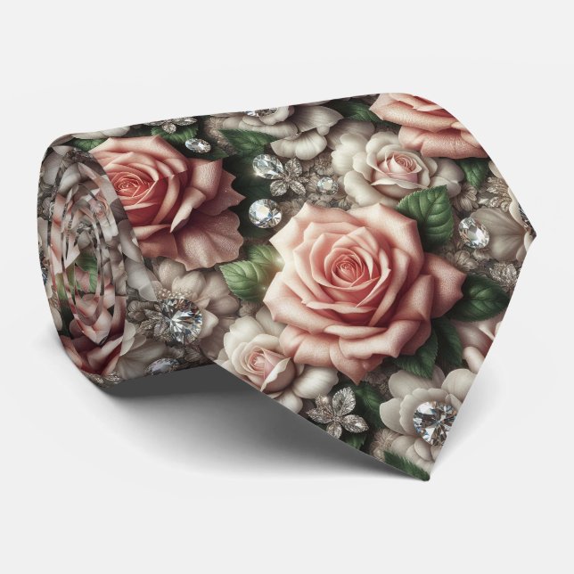 Col cravate de mariage de luxe | Roses roses et di (Roulé)