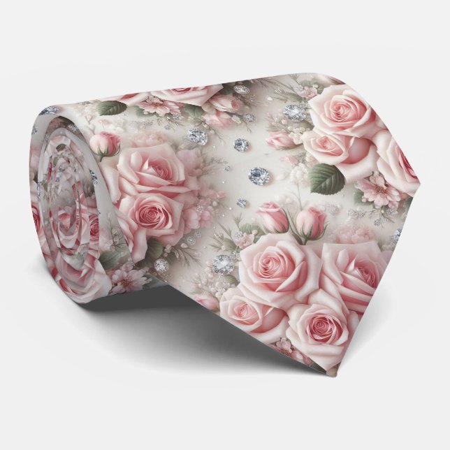Col cravate de mariage de luxe | Roses roses et di (Roulé)
