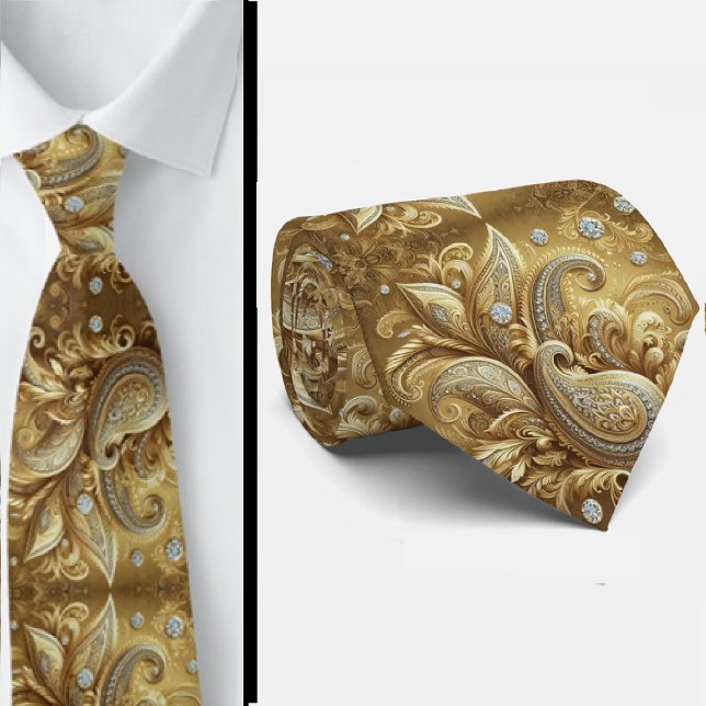 Col cravate en diamant paisley blanc et or de styl (Créateur téléchargé)