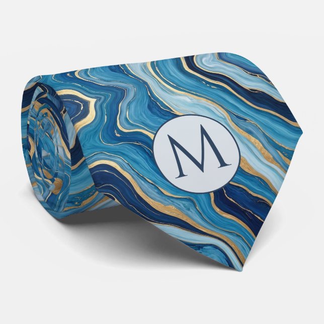 Col cravate en faux soie Monogram | Bleu + Marbre  (Roulé)