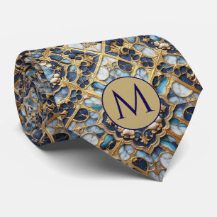 Col cravate en faux soie Monogram Bleu + Marbre