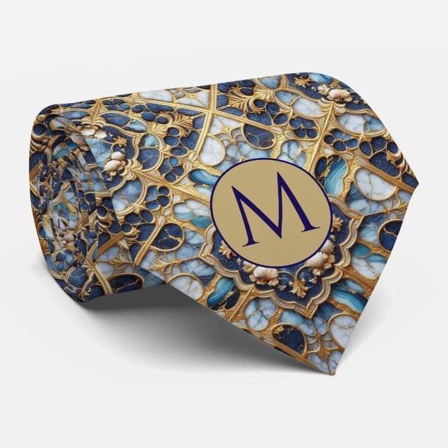 Col cravate en faux soie Monogram | Bleu + Marbre  (Roulé)