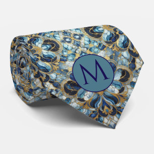Col cravate en faux soie Monogram   Bleu + Marbre 