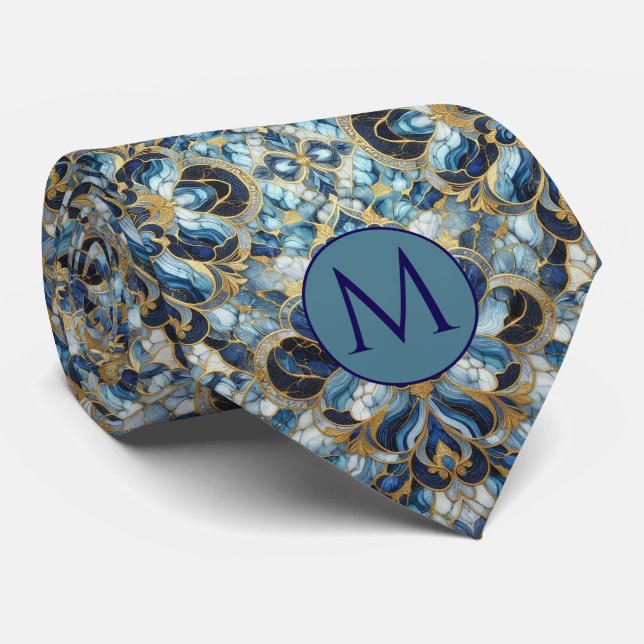 Col cravate en faux soie Monogram | Bleu + Marbre  (Roulé)