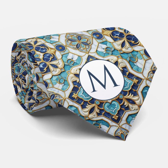 Col cravate en faux soie Monogram | Bleu + Marbre  (Roulé)