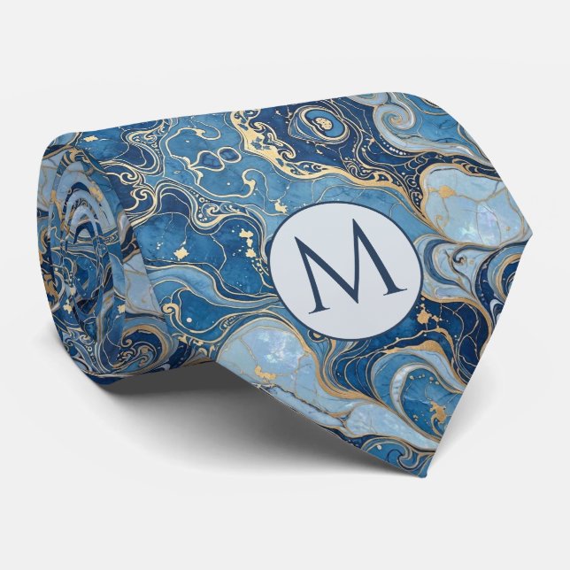 Col cravate en faux soie Monogram | Marbre bleu +  (Roulé)