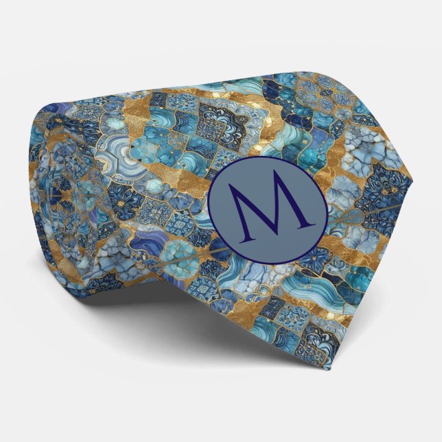 Col cravate en faux soie Monogram | Marbre bleu +  (Roulé)