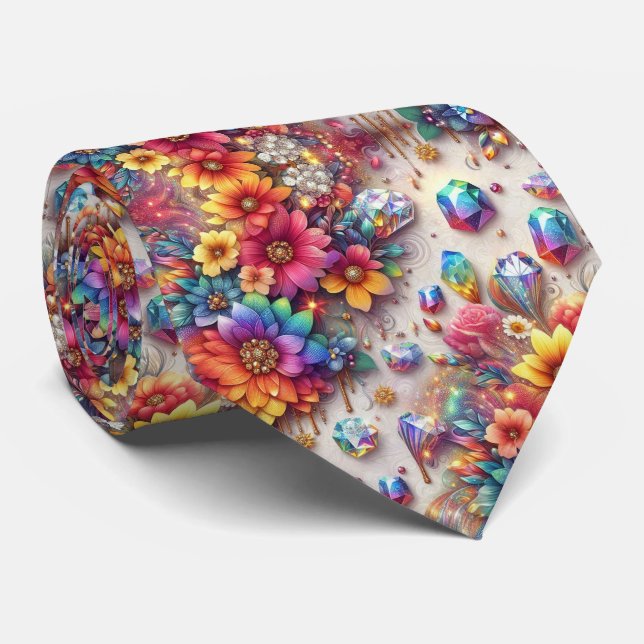 Col cravate flamboyant | Fleurs arc-en-ciel et dia (Roulé)