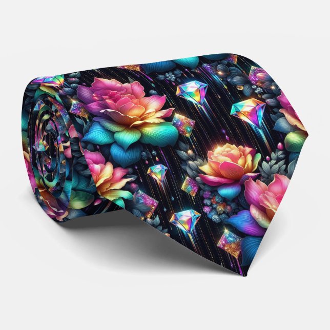 Col cravate flamboyant | Fleurs et diamants arc-en (Roulé)