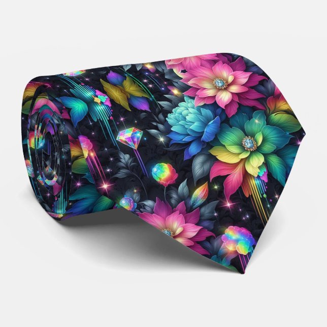 Col cravate flamboyant | Fleurs et diamants arc-en (Roulé)