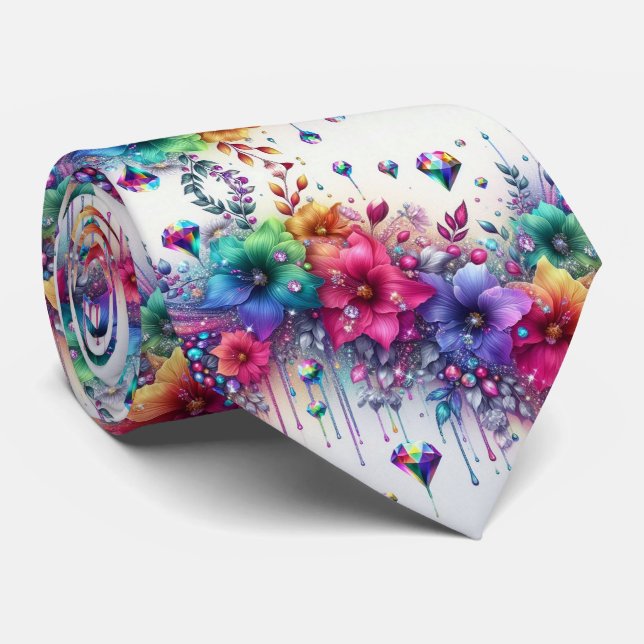 Col cravate flamboyant | Fleurs et diamants arc-en (Roulé)