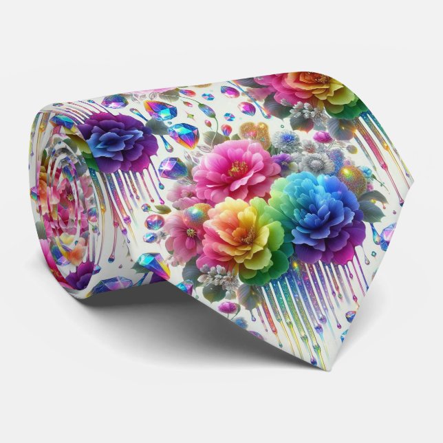 Col cravate flamboyant | Fleurs et diamants arc-en (Roulé)