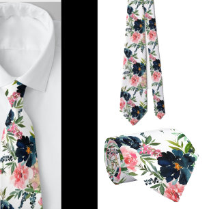 Col cravate fleurs roses roses bleues et roses