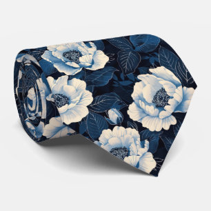Col cravate floral bleu de minuit   Fleur d'ivoire