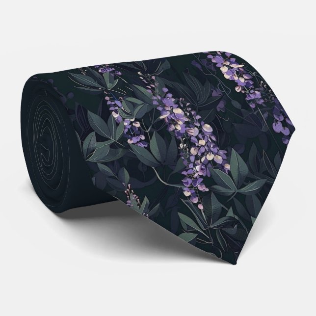 Col cravate floral Wisteria sarcelle foncé et viol (Roulé)