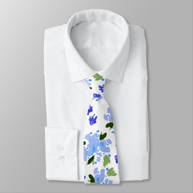 Col cravate jardin floral aquarelle bleue (Attaché)