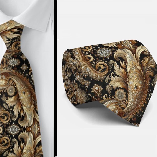 Col cravate luxe noir blanc or paisley diamant (Créateur téléchargé)