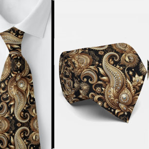 Col cravate luxe noir blanc or paisley diamant