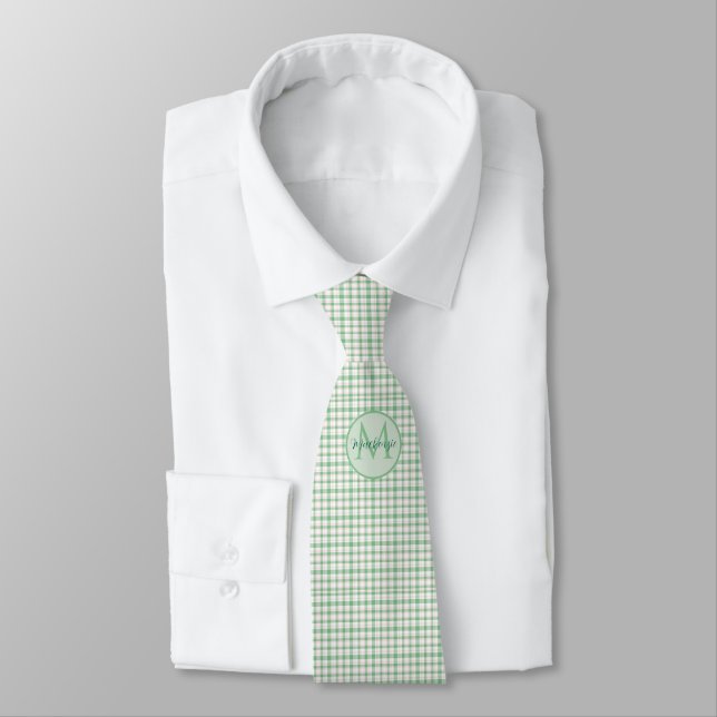 Col cravate monogramme carreaux vert clair (Attaché)