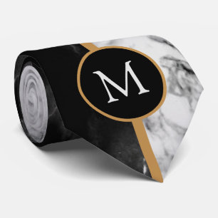 Col cravate monogramme noir blanc marbré à carreau