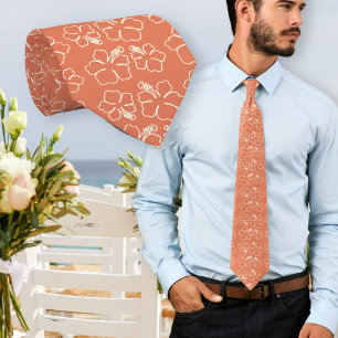 Col cravate motif fleurs d'Hibiscus corail foncé