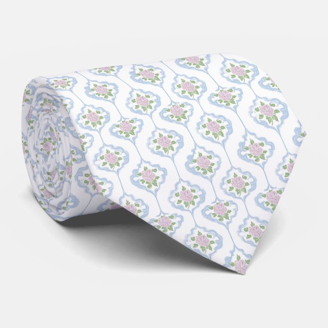 Col cravate motif floral rose bleu (Roulé)