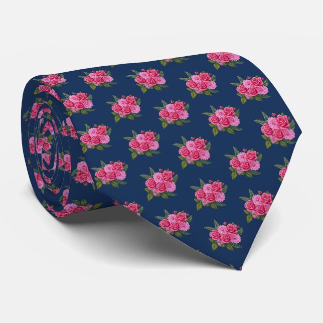 Col cravate Navy avec roses et dahlias (Roulé)