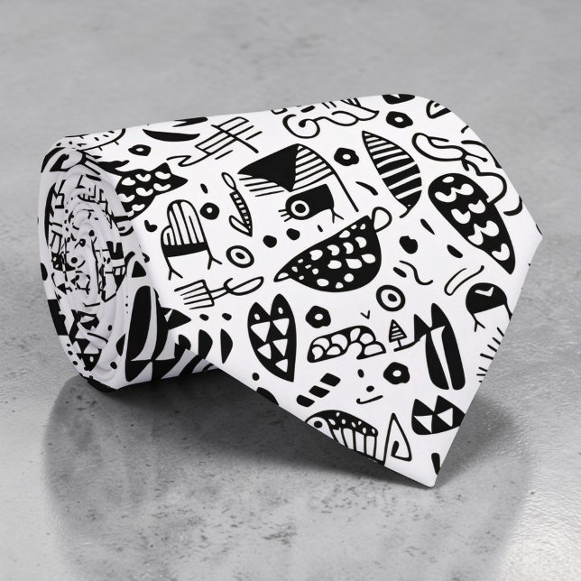 Col cravate personnalisé Doodles noir et blanc (Créateur téléchargé)