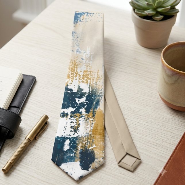 Col cravate pinceau abstrait marine et or (Bold navy and gold brushstrokes for the modern professional seeking an elevated office look.)
