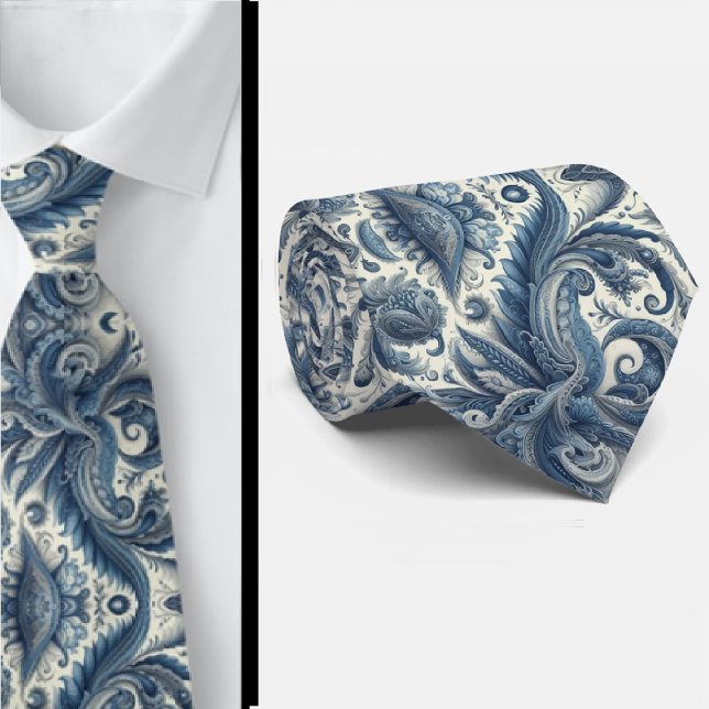 Col cravate premium bleu et blanc à motifs paisley (Créateur téléchargé)