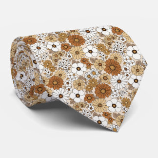 Col cravate rétro floral années 70 beige terracott