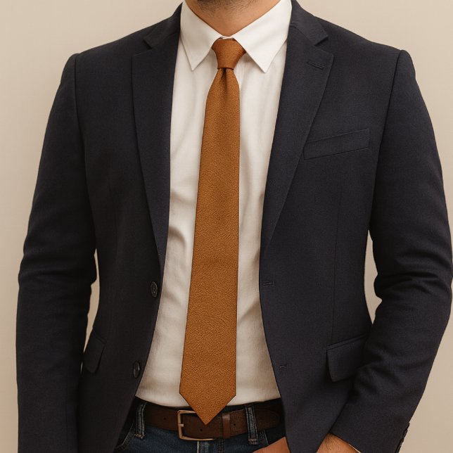 Col cravate texturé en faux cuir gingembre (Business casual ensemble featuring a ginger-toned leather necktie,  with a navy blazer and jeans)