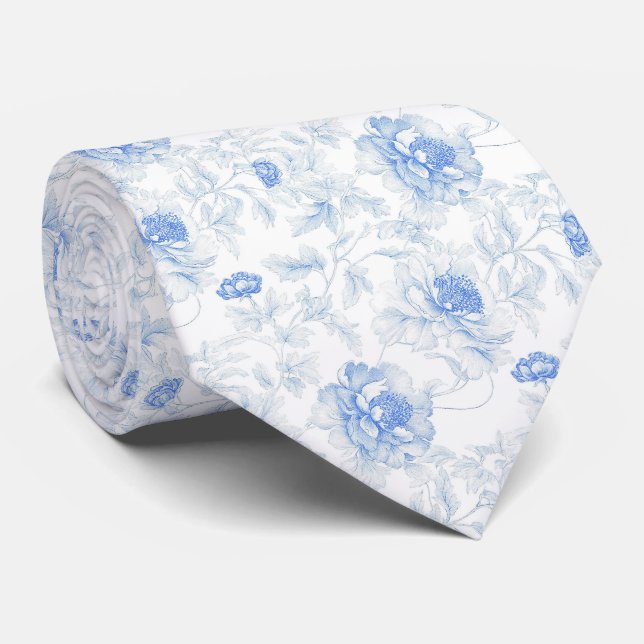 Col cravate toile de jouy fleurs bleues délicates (Roulé)