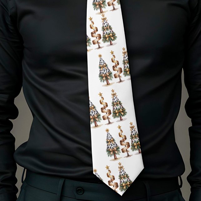 Col cravate vert doré à motif léopard ludique pour (Playful leopard pattern Christmas green gold tie)