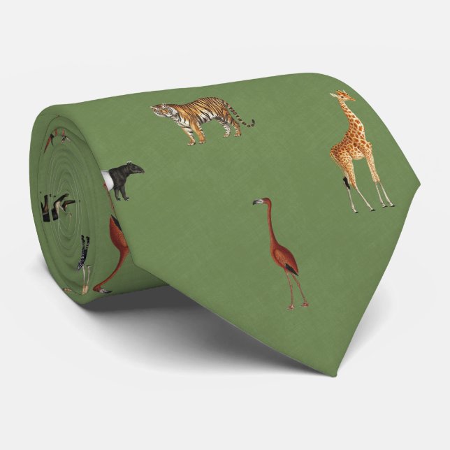 Col cravate vert motif animaux de safari jungle (Roulé)