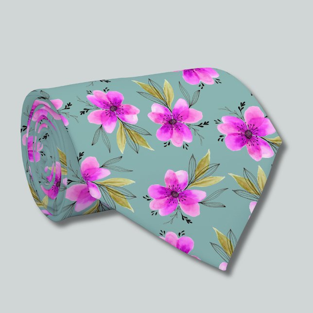 Col cravate vert terne floral lily rose aquarelle (pink lily watercolor floral dusky green tie)