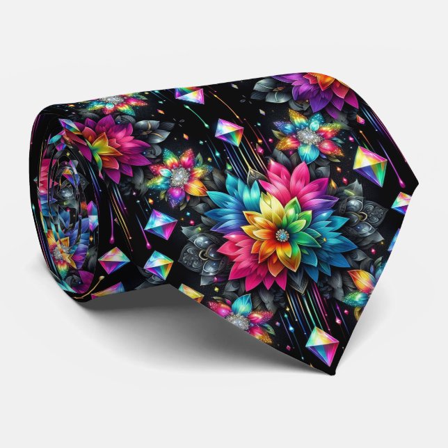 Col extravagant cravate | Fleurs arc-en-ciel et di (Roulé)
