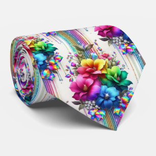 Col extravagant cravate   Fleurs arc-en-ciel et di