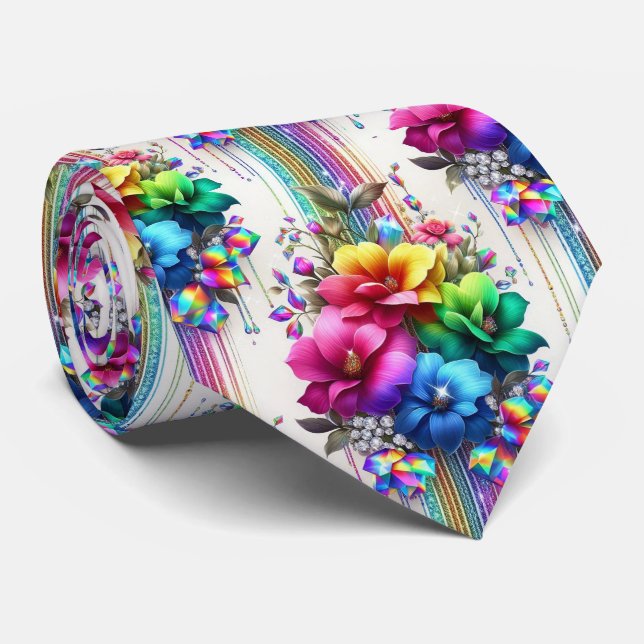 Col extravagant cravate | Fleurs arc-en-ciel et di (Roulé)