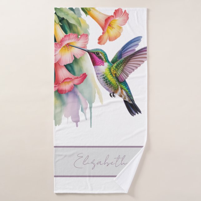 Colibri à l'aquarelle avec fleurs (Serviette de bain)