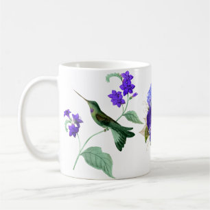 Colibri avec tasse à café aux fleurs violettes