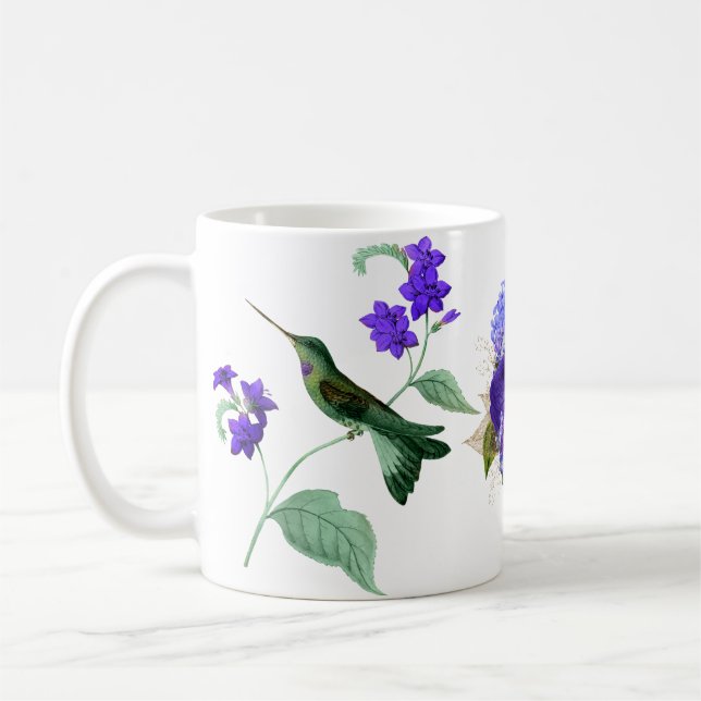 Colibri avec tasse à café aux fleurs violettes (Gauche)