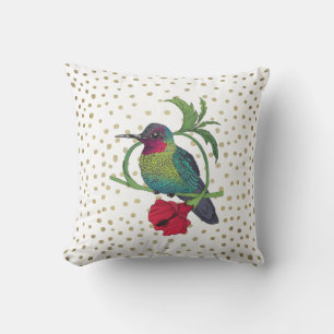 Colibri Bird Illustration Gold Bronze Dots Coussin