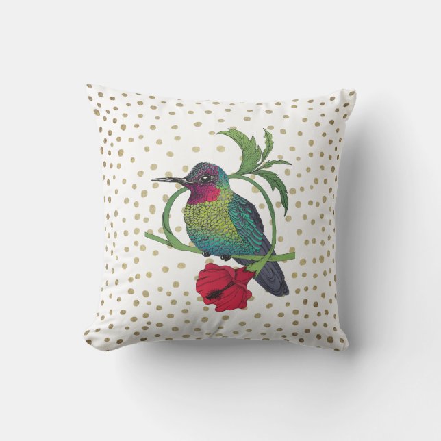 Colibri Bird Illustration Gold Bronze Dots Coussin (Recto)