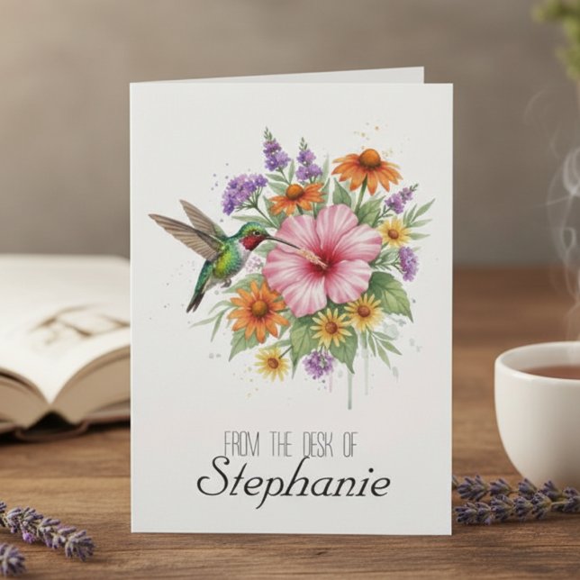 Colibri Botanique Floral Merci Enseignant (Colorful hummingbird and hibiscus note card for a teacher — lovely thank you gift idea for her)
