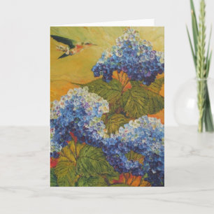 Colibri et carte de voeux bleue d'hortensia