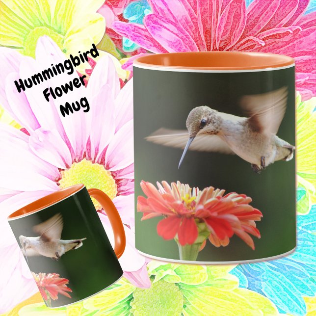 Colibri et Flower Pretty Mug Cup (Pretty Hummingbird hovering over a Zinnia flower, pretty mug.)