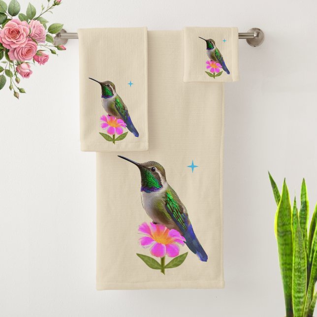 Colibri moderne et fleur sur fond beige clair sabl (Créateur téléchargé)