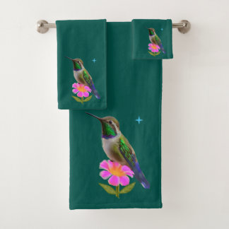 Colibri moderne et fleur sur fond bleu-vert
